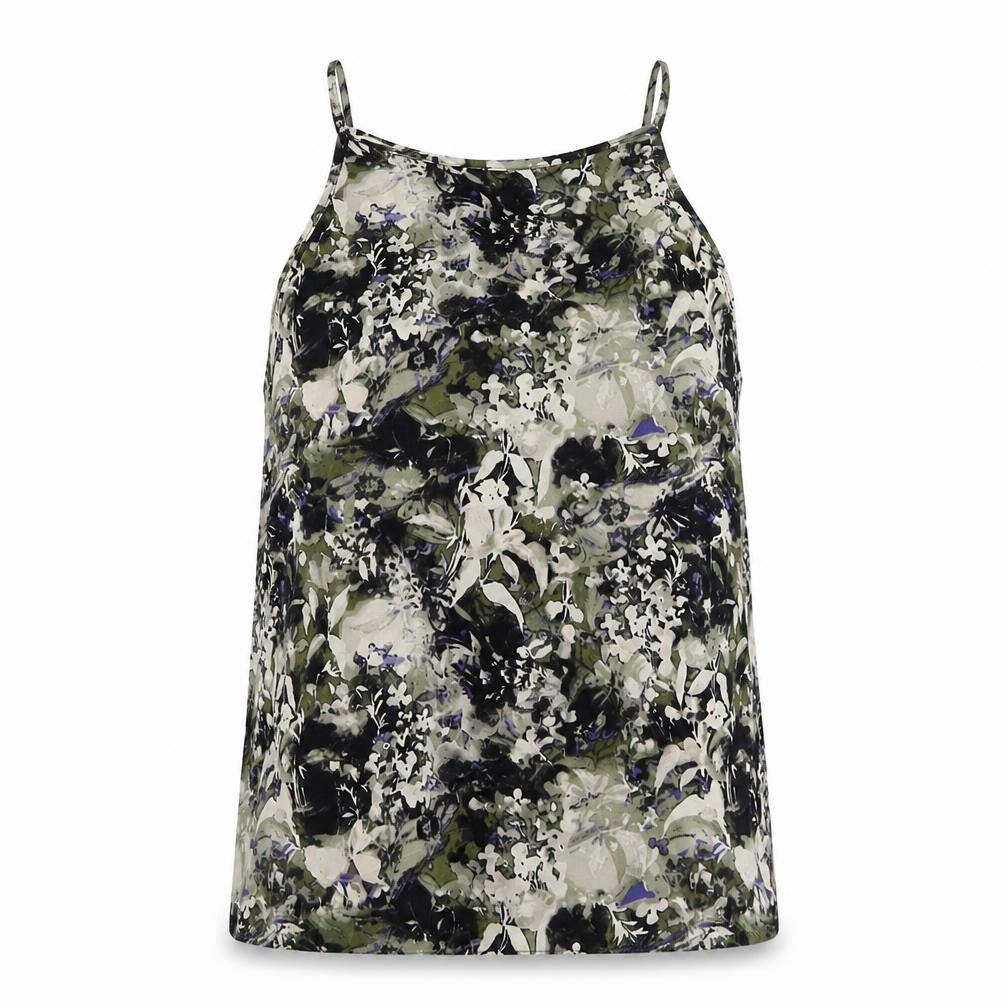 Front view of Miss Selfridge women’s green geometric polyester basic tank, size UK 12, round neck