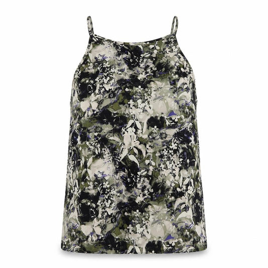 Front view of Miss Selfridge women’s green geometric polyester basic tank, size UK 12, round neck