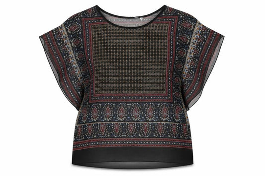 Front view of New Look women’s multicoloured geometric polyester basic blouse, size UK 6, round neck