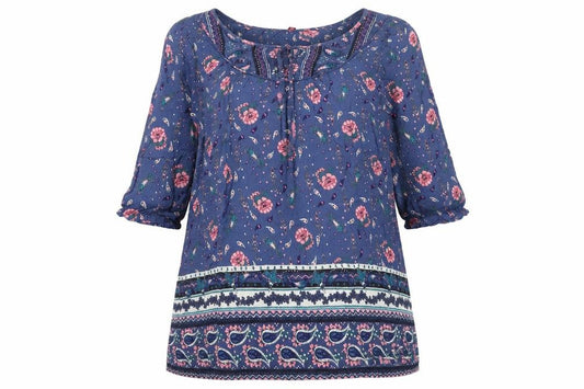 Front view of H&M women’s blue geometric viscose a-line, size UK 10, round neck pullover