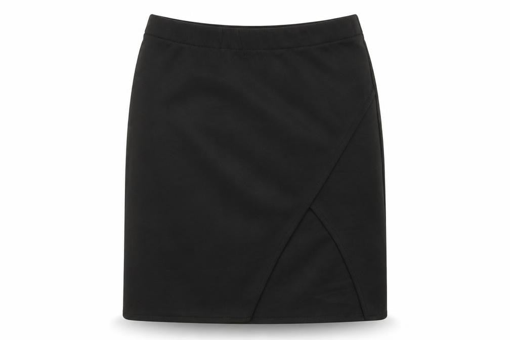 Front view of Page women’s black polyester a-line skirt, size M