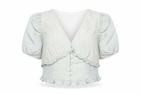 Front view of The Frolic women’s blue check polyester basic blouse, size UK 10, v-neck