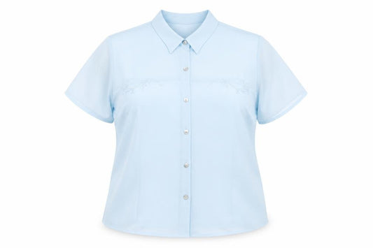 Front view of Berkertex women’s blue polyester basic button-up, size UK 18, collared