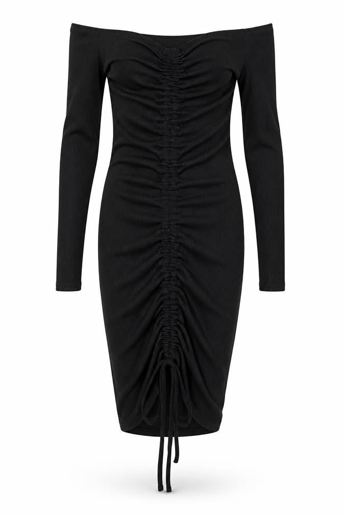 Front view of PRETTYLITTLETHING women’s beige polyacrylate fibre bodycon, size UK 6, off the shoulder pullover