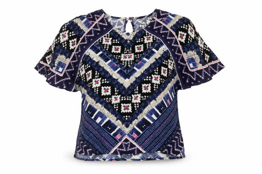 Front view of Warehouse women’s blue geometric viscose basic blouse, size UK 10, v-neck