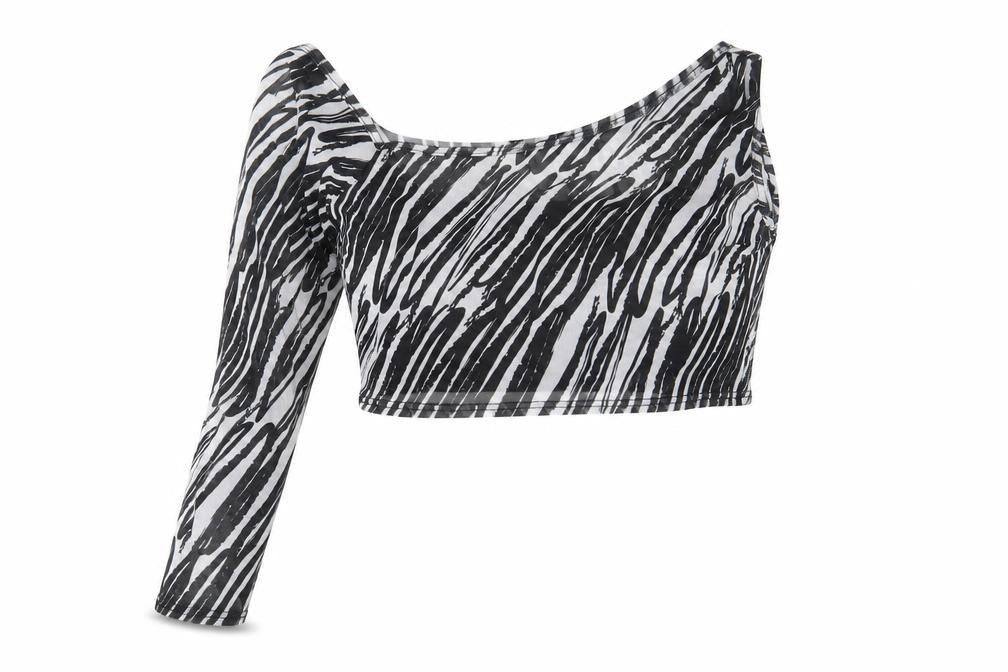 I SAW IT FIRST Womens Black Animal Print Polyester Cropped Blouse Size 12 One Shoulder - Zebra Pattern