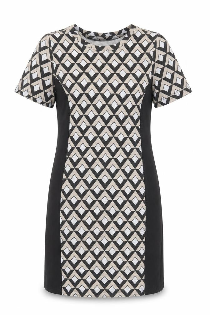 Womens Black Geometric Polyester Shift Size 10 Round Neck Pullover