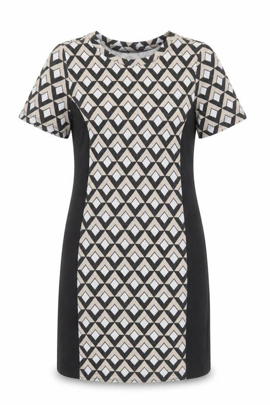 Front view of women’s black geometric polyester shift, size UK 10, round neck pullover