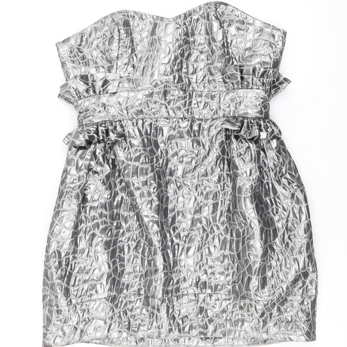Miss Behave Womens Silver Geometric Polyester Pencil Dress Size 12 Off the Shoulder Zip