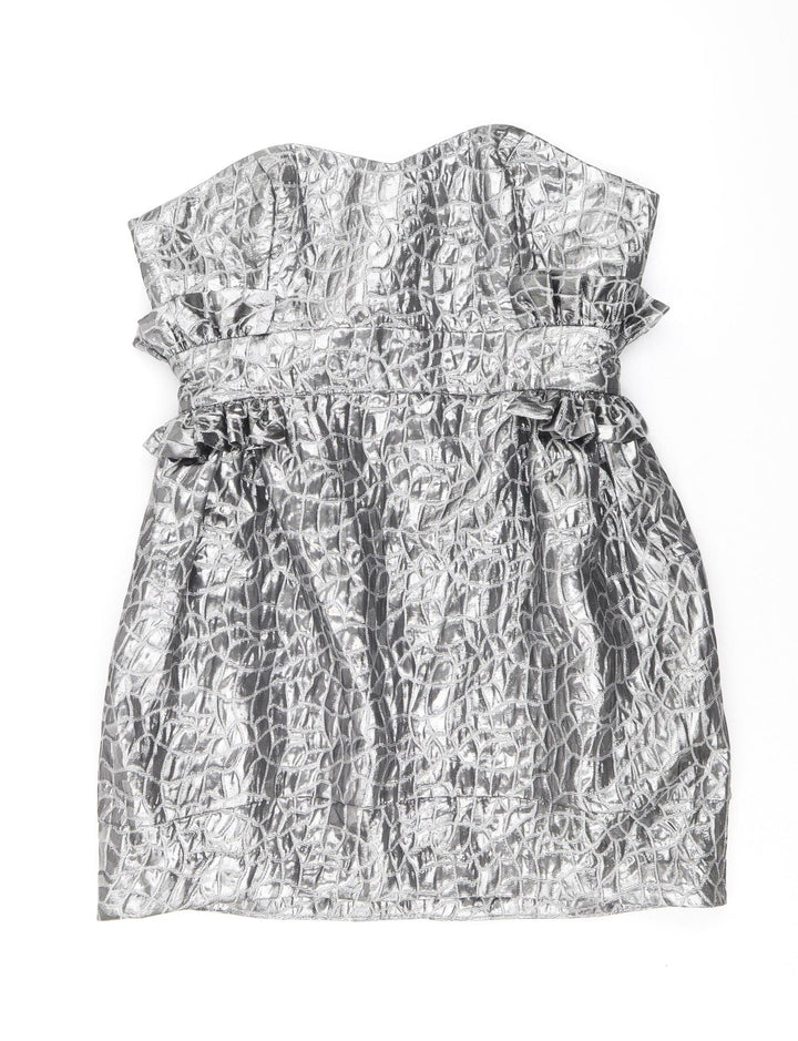 Miss Behave Womens Silver Geometric Polyester Pencil Dress Size 12 Off the Shoulder Zip