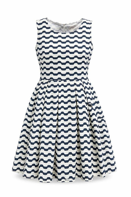 Front view of Aansari women’s blue geometric polyester fit & flare, size L, round neck button