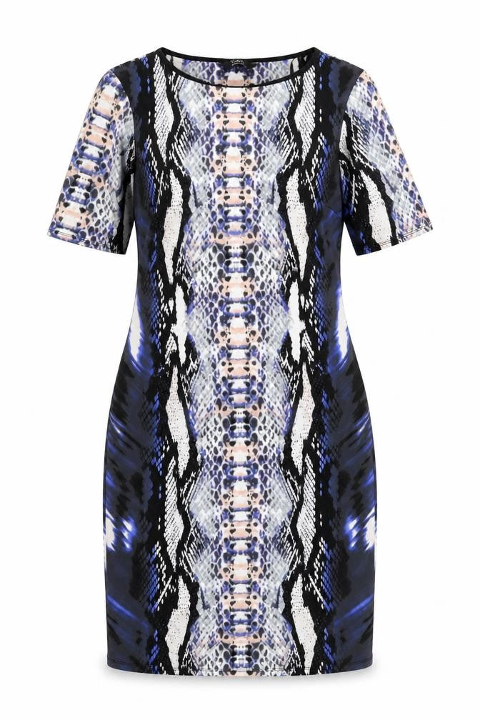 Front view of Julien Macdonald women’s multicoloured geometric polyester a-line, size UK 12, round neck pullover