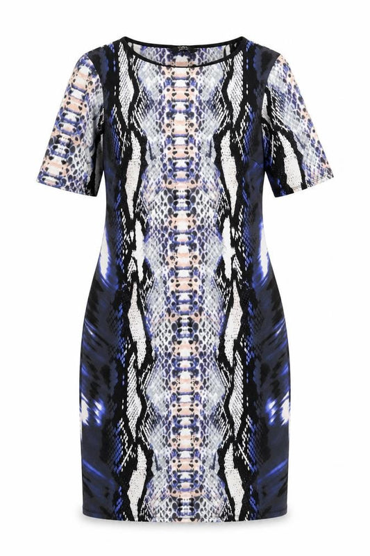 Front view of Julien Macdonald women’s multicoloured geometric polyester a-line, size UK 12, round neck pullover