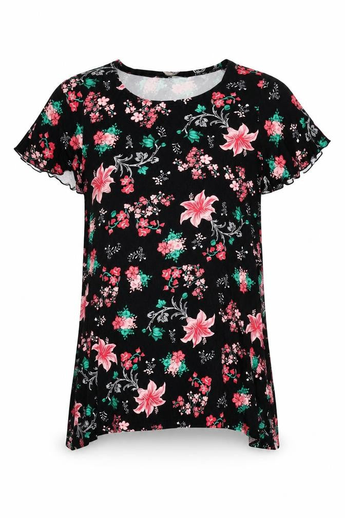 Front view of Poetic Soul women’s black floral viscose basic blouse, size L, round neck