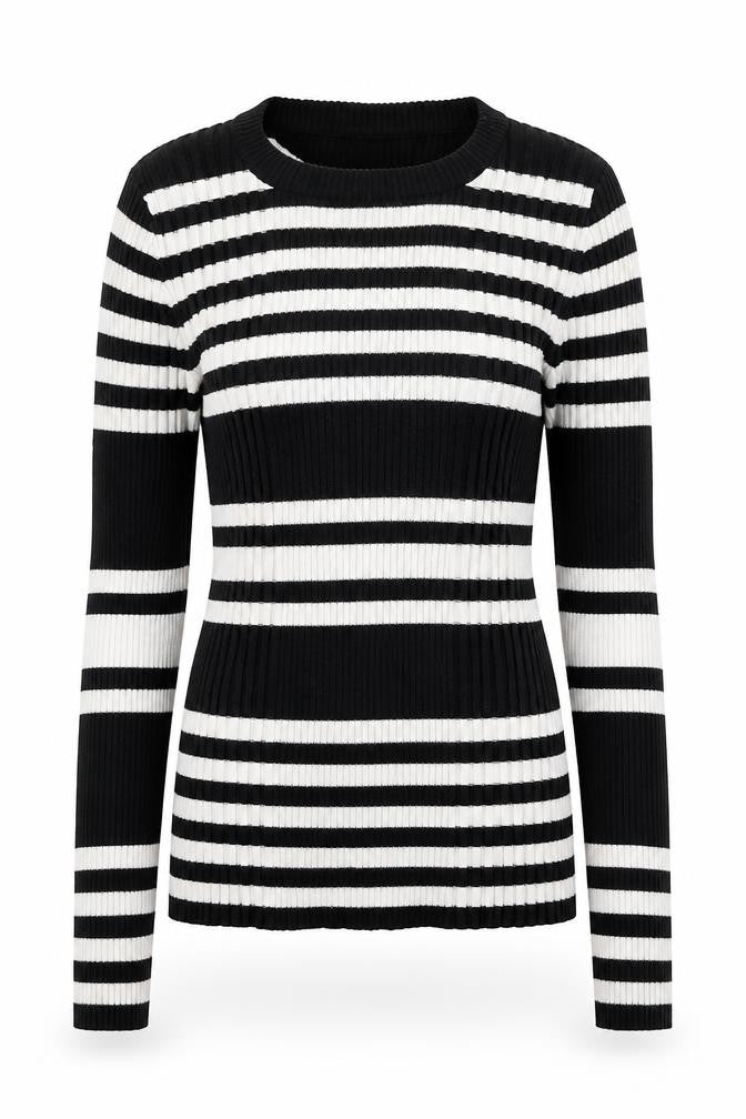 Front view of Atmosphere women’s black round neck striped nylon jumper, size UK 10
