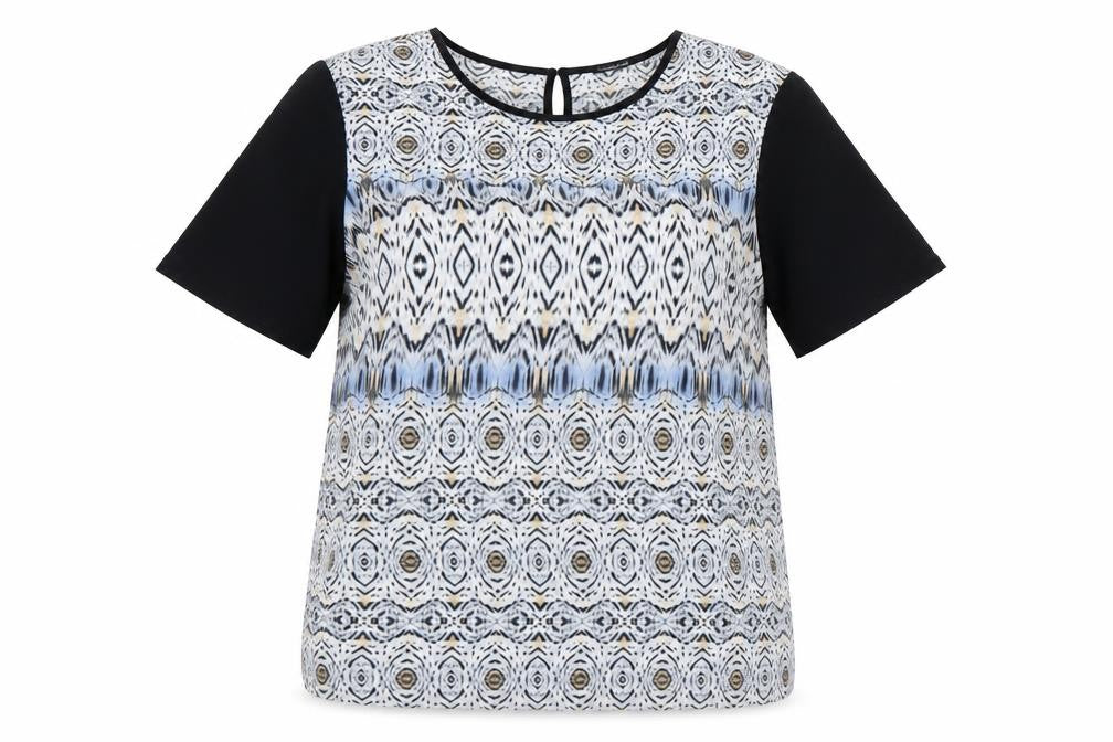 Autograph Womens Black Geometric Polyester Basic T-Shirt Size 12 Round Neck