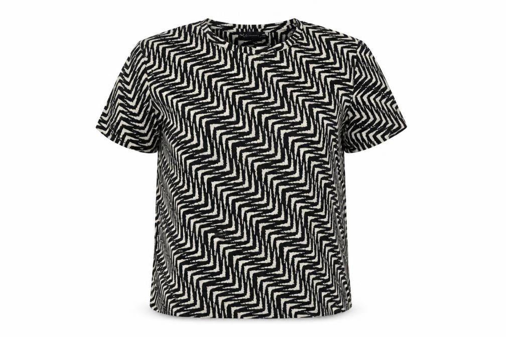 Front view of Marks & Spencer women’s black geometric polyester basic t-shirt, size UK 8, round neck