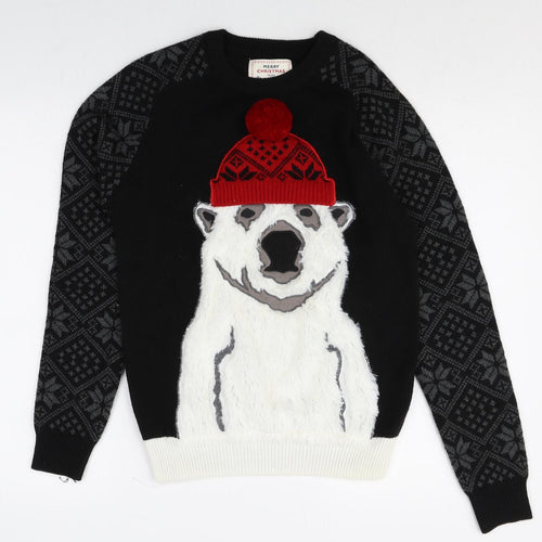 NEXT Mens Black Round Neck Geometric Acrylic Pullover Jumper Size XS Long Sleeve Pullover - Polar Bear