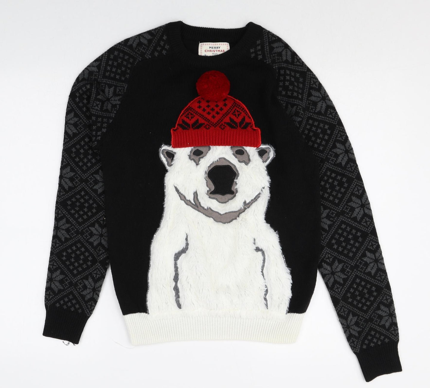 NEXT Mens Black Round Neck Geometric Acrylic Pullover Jumper Size XS Long Sleeve Pullover - Polar Bear