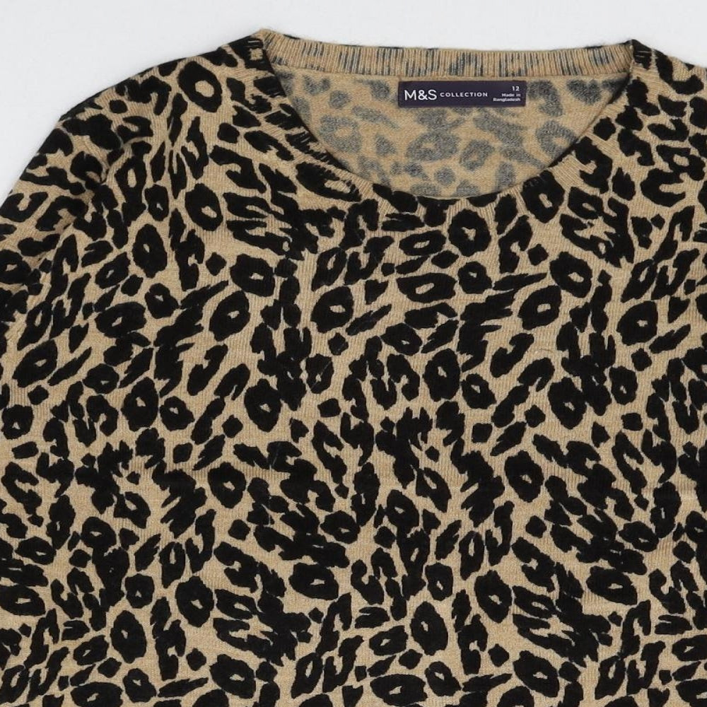 Marks and Spencer Womens Brown Round Neck Animal Print Acrylic Pullover Jumper Size 12 Pullover - Leopard Print