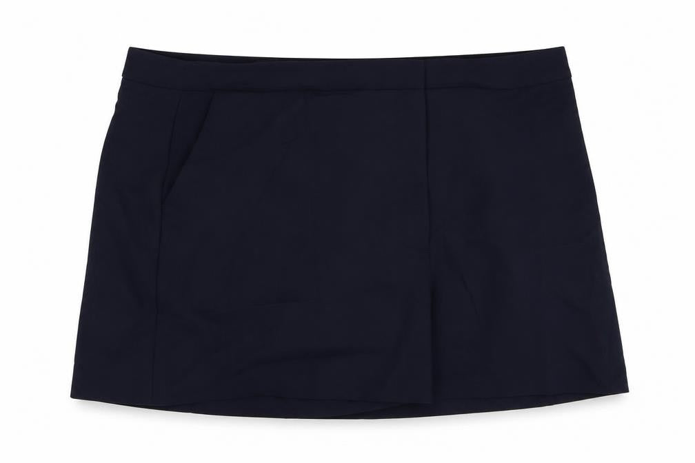 Front view of Marks & Spencer women’s blue polyester hot pants shorts, size UK 24, regular zip