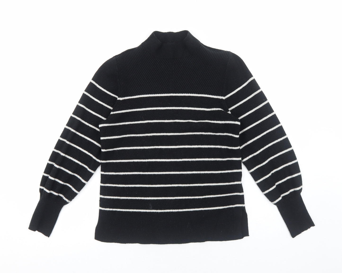Marks and Spencer Womens Black High Neck Striped Viscose Pullover Jumper Size M Pullover