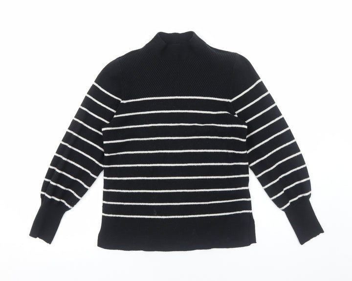 Marks and Spencer Womens Black High Neck Striped Viscose Pullover Jumper Size M Pullover