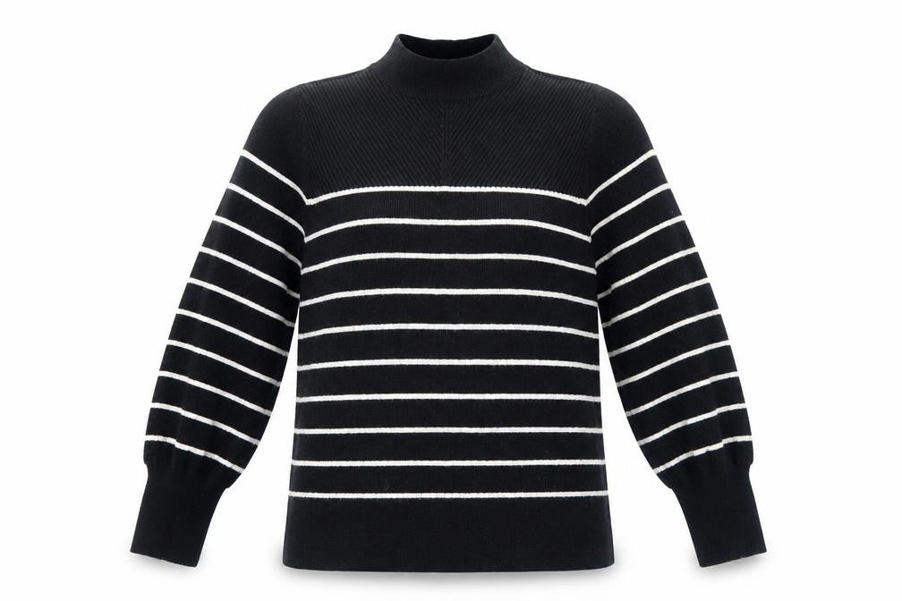 Front view of Marks & Spencer women’s black high neck striped viscose jumper, size M, pullover