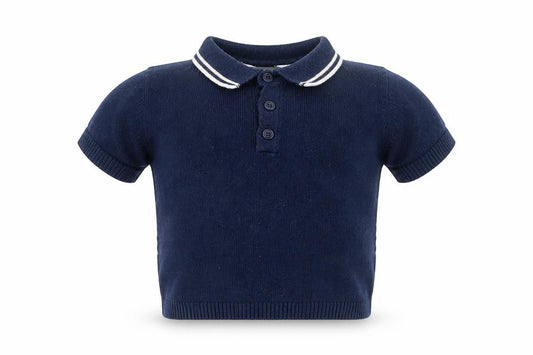 Front view of Primark boys’ blue cotton basic polo, size 9-12, months collared pullover