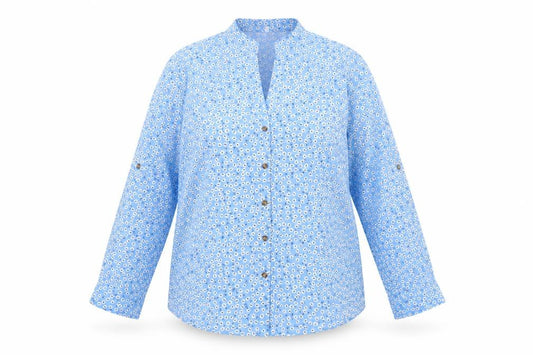 Front view of Preworn women’s blue floral polyester basic button-up, size 3XL, v-neck