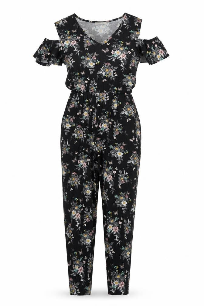 Oasis Womens Black Floral Viscose Jumpsuit One-Piece Size XS Pullover - Cold Shoulder