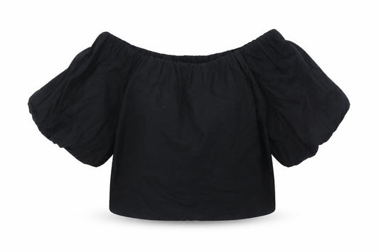 Front view of ASOS women’s black cotton cropped blouse, size UK 10, off the shoulder - bardot