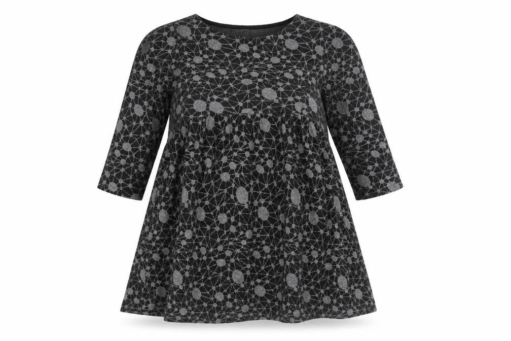 Front view of 158C women’s grey geometric viscose shift, size L, round neck pullover