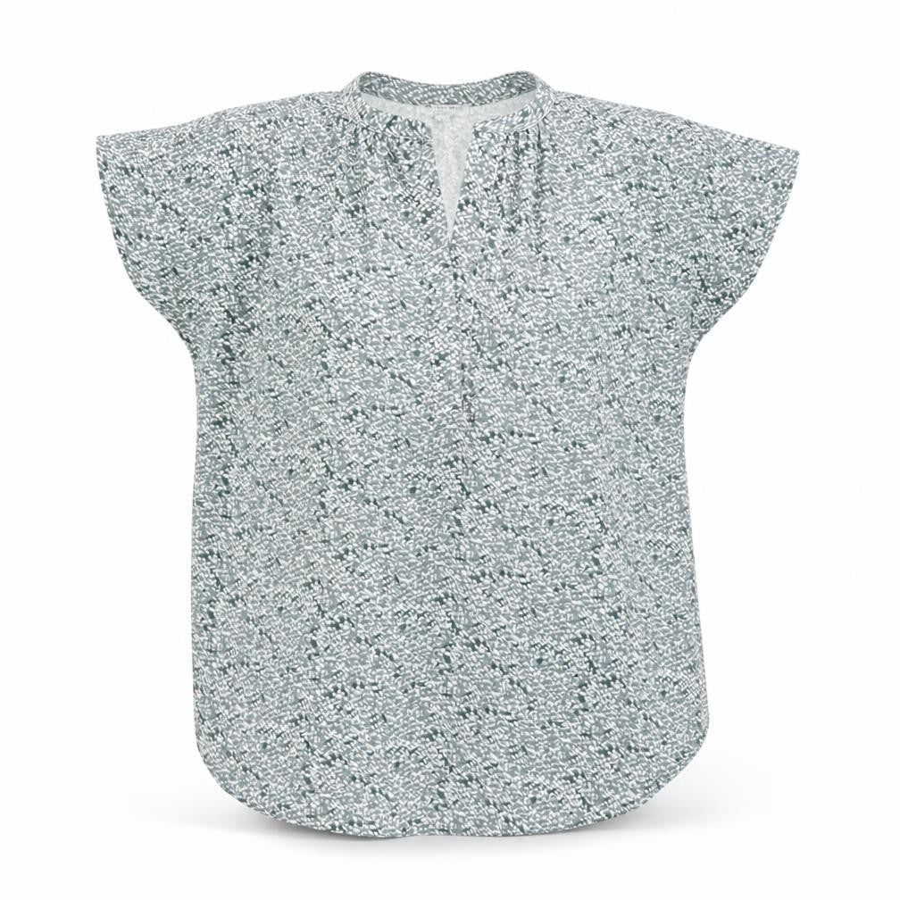 Front view of Miss Sparrow women’s green geometric polyester tunic blouse, size M, v-neck