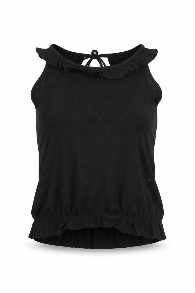 Front view of Preworn women’s black viscose basic tank, size M, halter