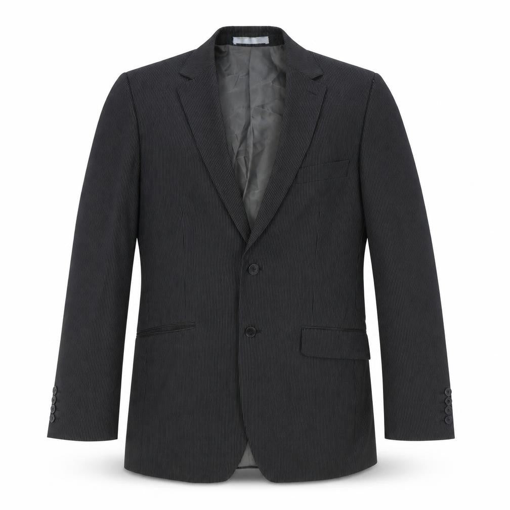 Front view of Burton men’s black striped polyester jacket suit jacket, size 40, regular