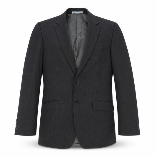 Front view of Burton men’s black striped polyester jacket suit jacket, size 40, regular