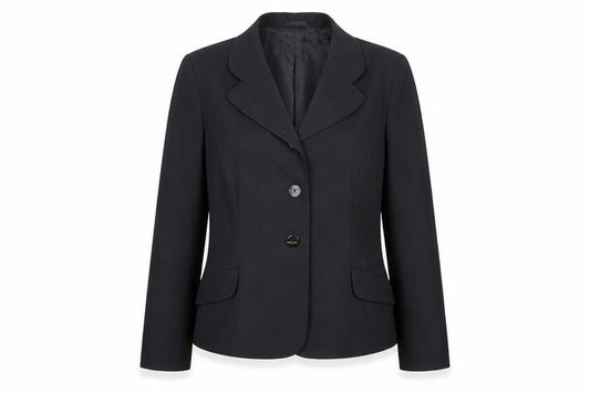 Front view of Essentials women’s black polyester jacket blazer, size UK 14