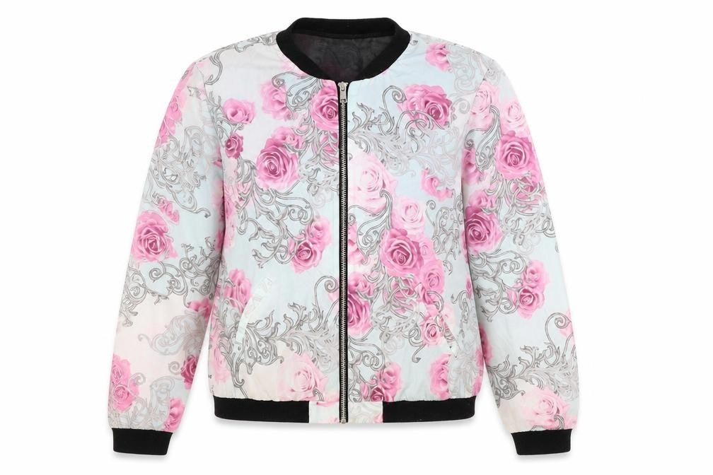 Front view of H&M women’s blue floral jacket, size UK 12, zip