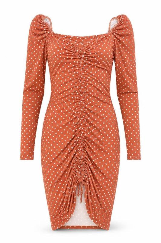 Front view of PRETTYLITTLETHING women’s orange polka dot polyester bodycon, size UK 8, v-neck pullover