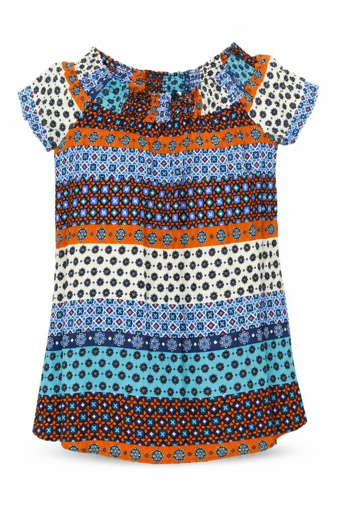 Front view of Glamorous women’s multicoloured geometric viscose shift, size UK 10, off the shoulder pullover