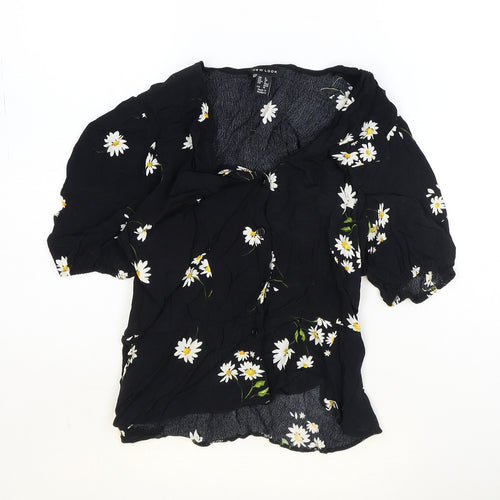 New Look Womens Black Floral Viscose Basic Blouse Size 8 V-Neck - Daisy