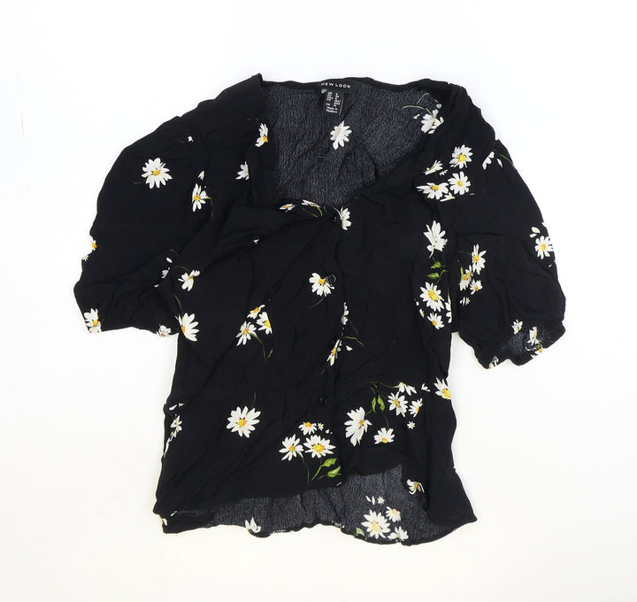 New Look Womens Black Floral Viscose Basic Blouse Size 8 V-Neck - Daisy