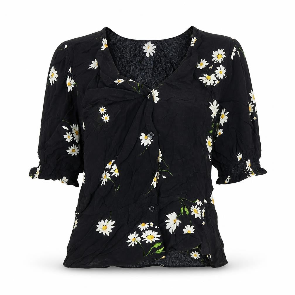 Front view of New Look women’s black floral viscose basic blouse, size UK 8, v-neck - daisy