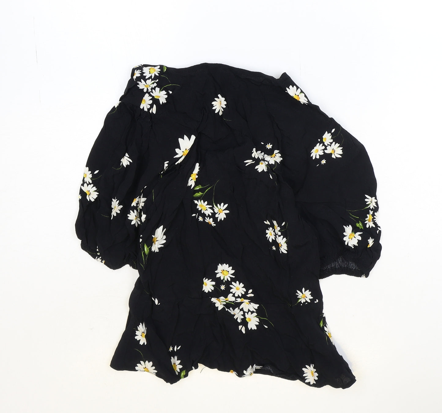 New Look Womens Black Floral Viscose Basic Blouse Size 8 V-Neck - Daisy