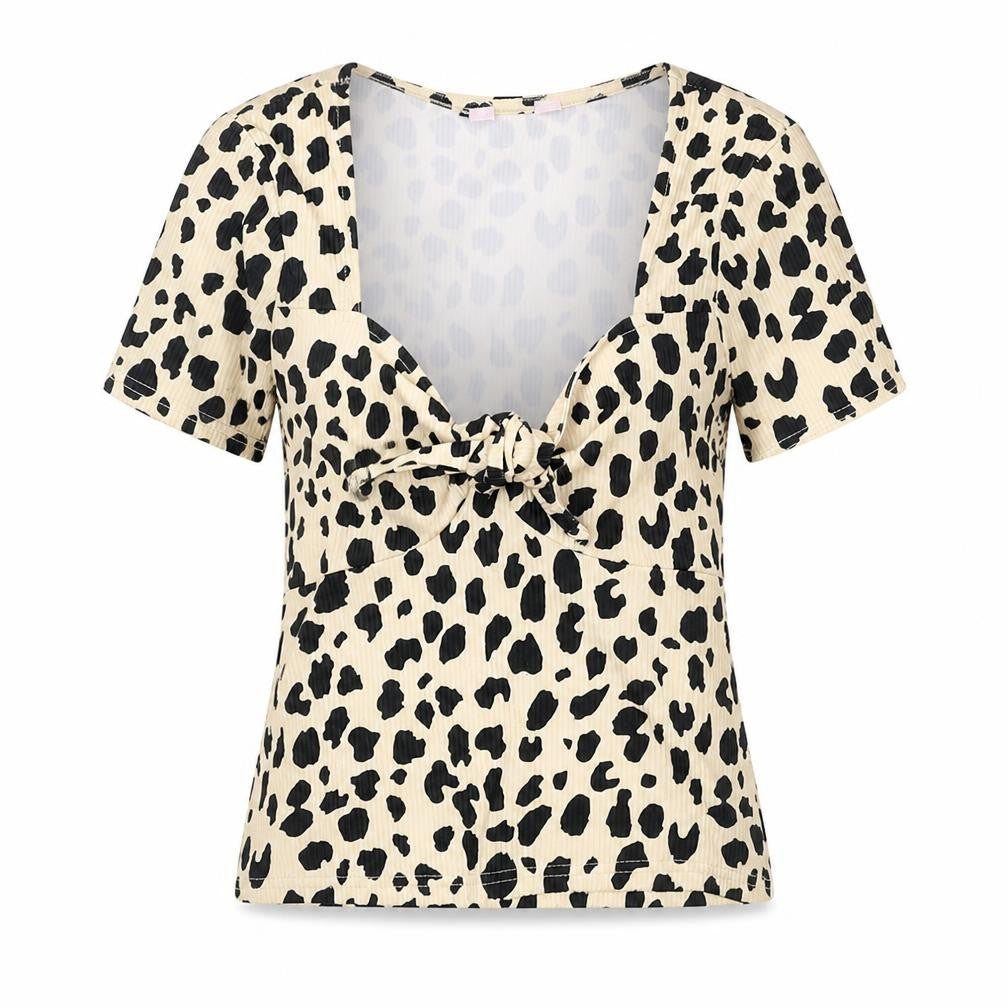 Front view of Miss Selfridge women’s beige animal print polyester basic t-shirt, size UK 8, v-neck