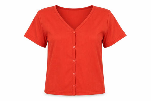 Front view of Yadou women’s orange polyester basic button-up, size XS, v-neck