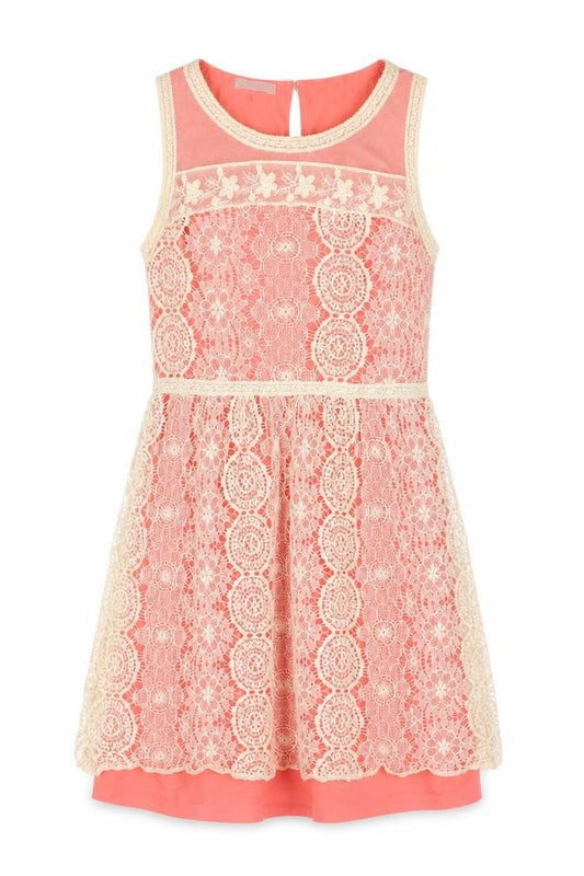 Front view of Promod women’s pink geometric nylon a-line, size UK 12, round neck button