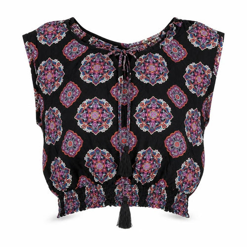 Paprika Womens Black Geometric Viscose Cropped Tank Size L V-Neck