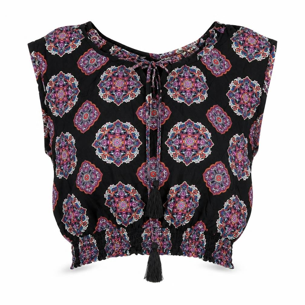 Paprika Womens Black Geometric Viscose Cropped Tank Size L V-Neck